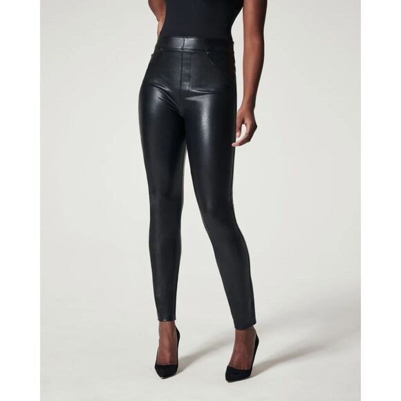 SPANX Black Leather-Like Pull On Ankle Leggings Size M - Picture 1 of 7